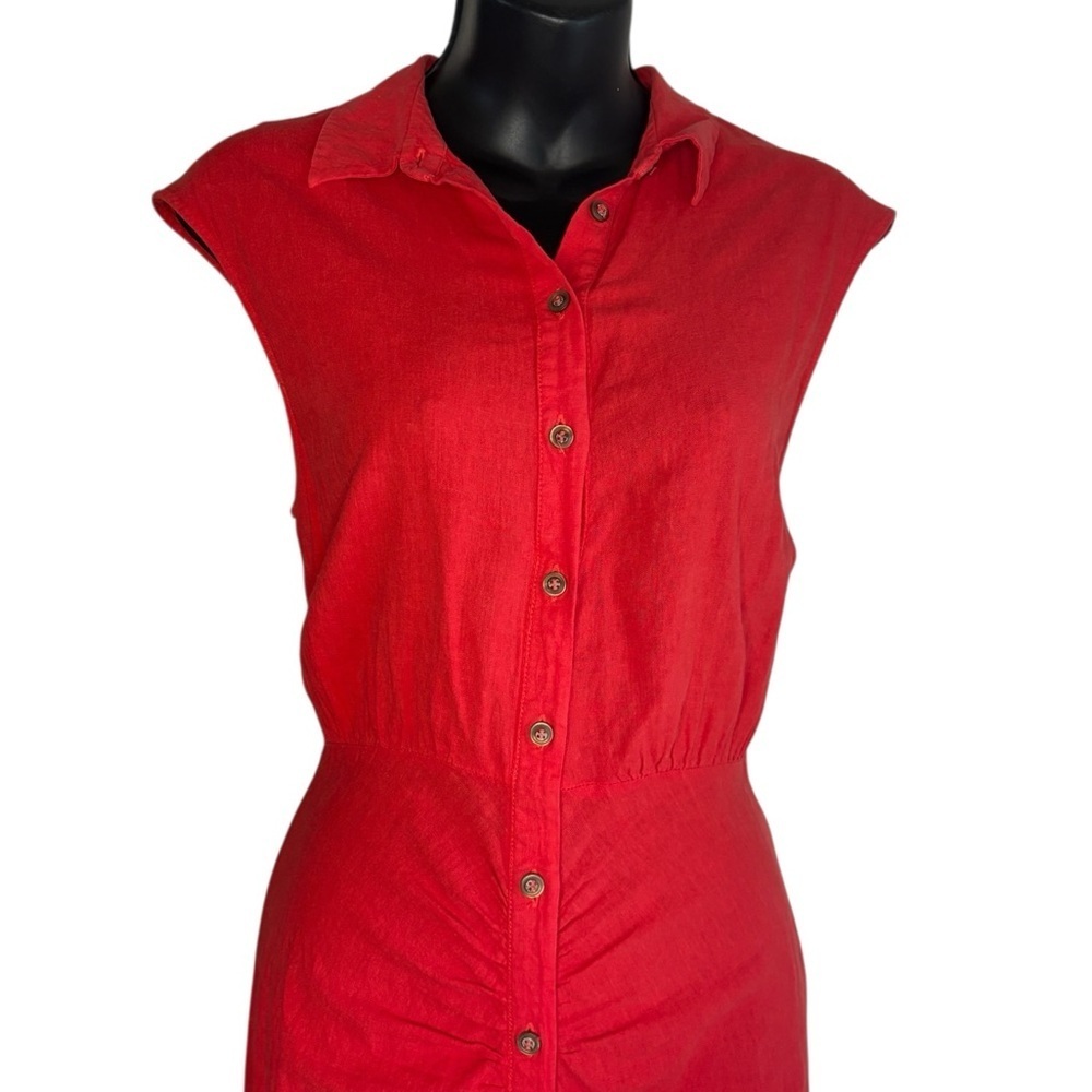 Zara cherry red sleeveless front button ruched linen blend midi dress sz M - Picture 11 of 15